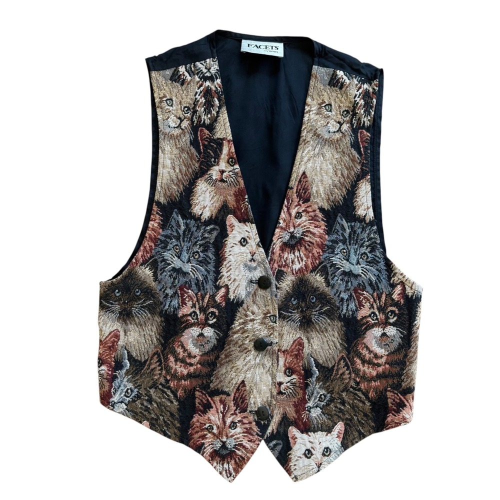 Vintage Facets by Mirrors Cat Tapestry Vest Medium Brown Black Made in USA